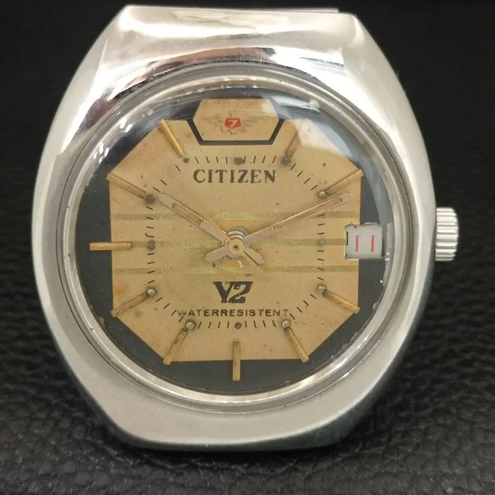 Vintage 1980 Citizen Manual Wound Mens Silver Watch W/Date & Gold accents